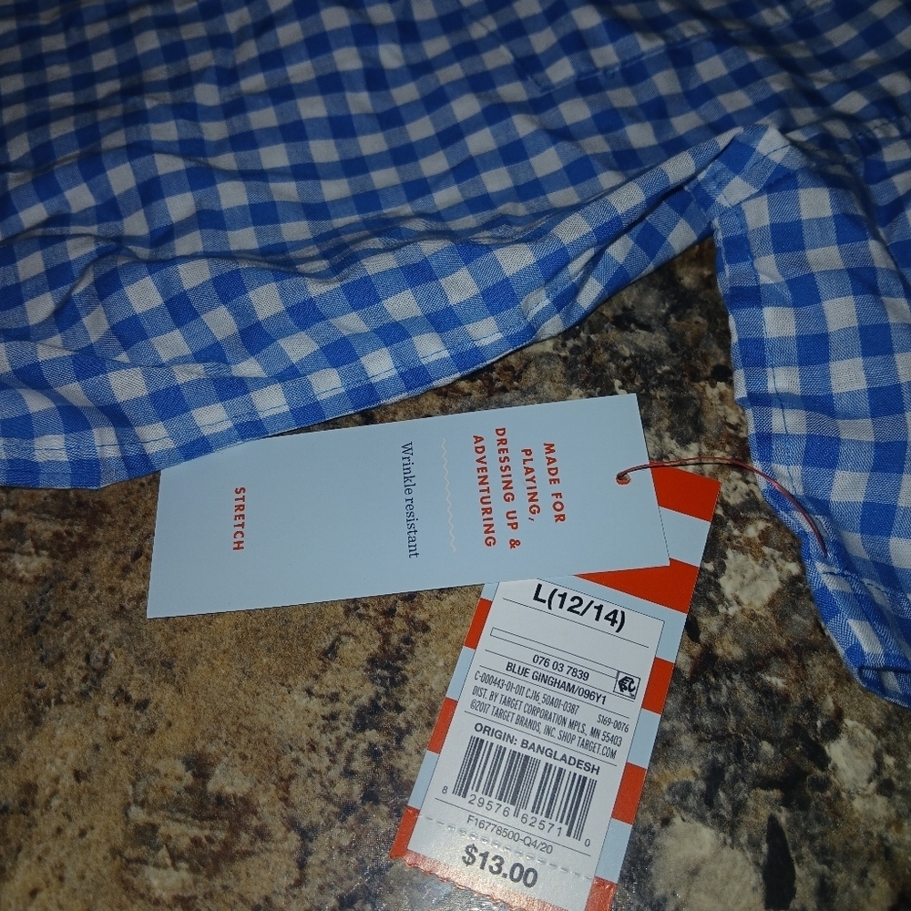 Cat and Jack size large 12/14 blue and white ginghams striped polo style shirt . - Picture 6 of 8
